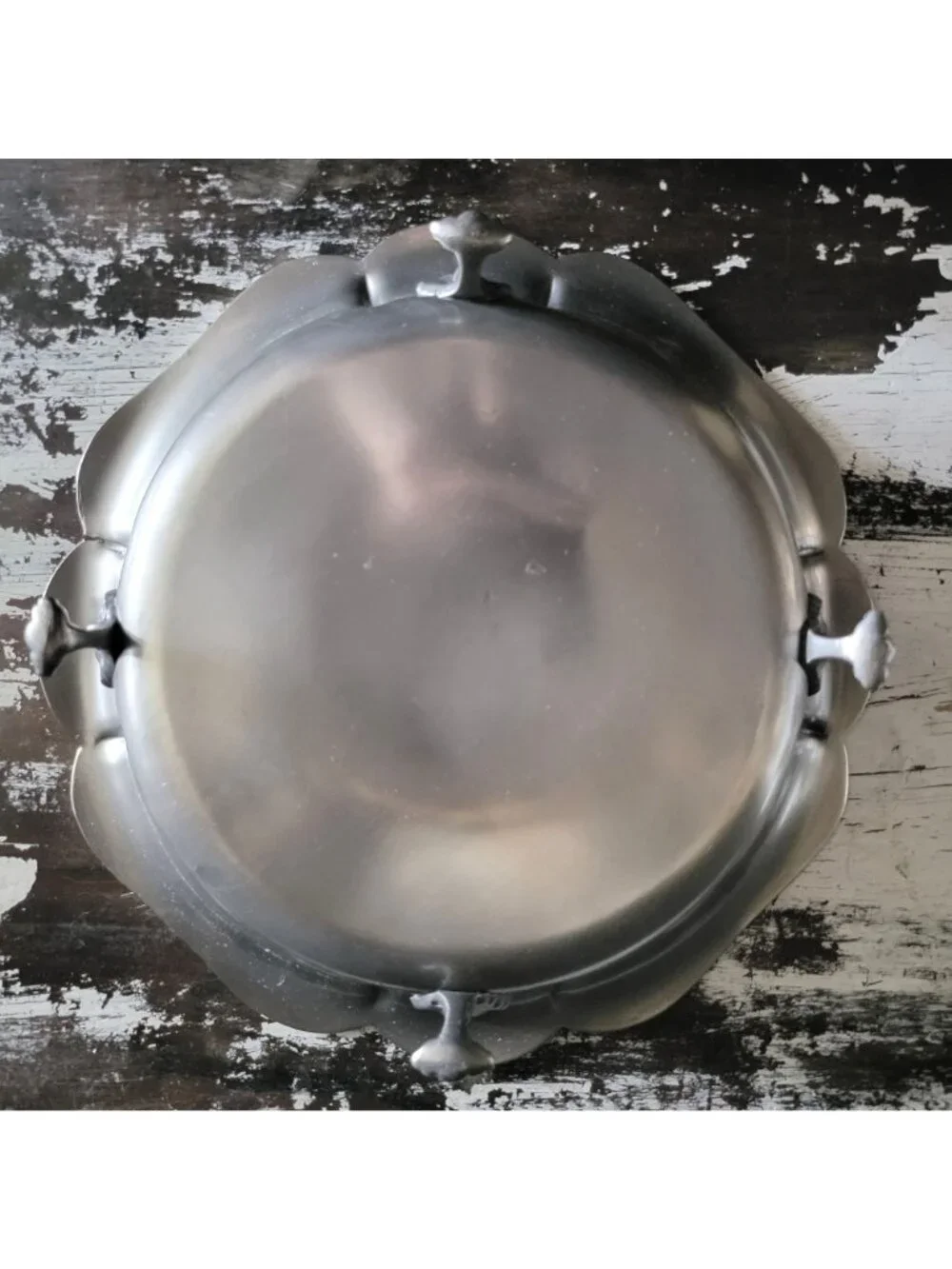 Vtg Footed Pewter Serving Bowl Centerpiece Bowl Ornate Details Scalloped Edges